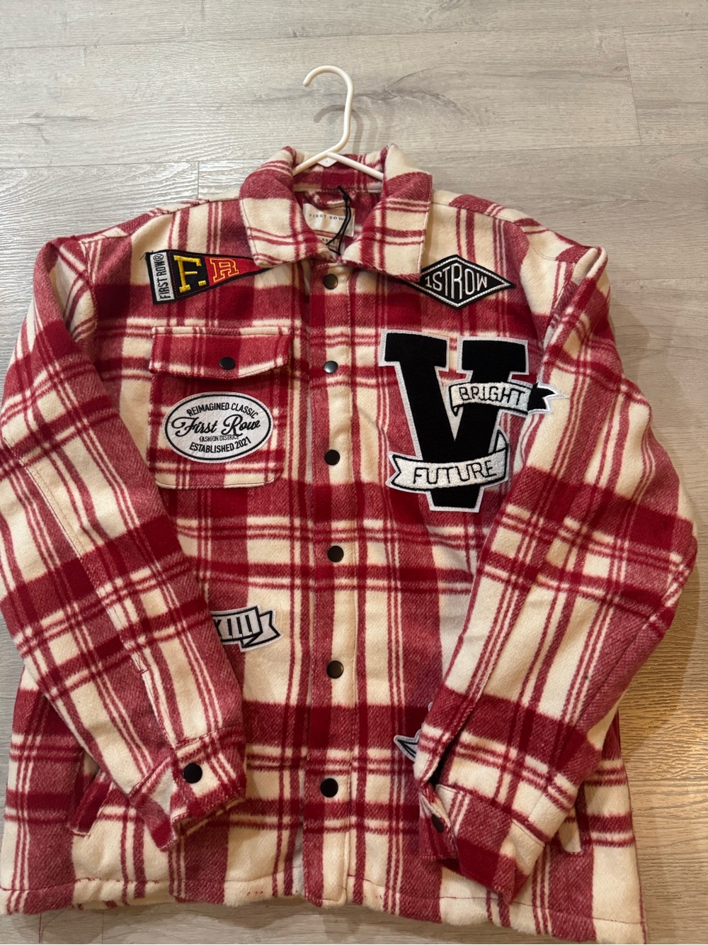 Men’s Red & Cream Plaid Jacket with Patch Details